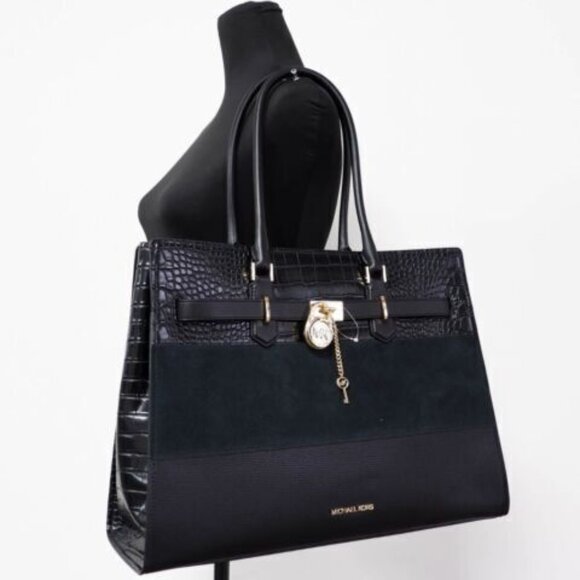 EUC Authentic Michael Kors Black Leather/ Suede / Croc Embossed Hamilton Tote - Picture 1 of 10